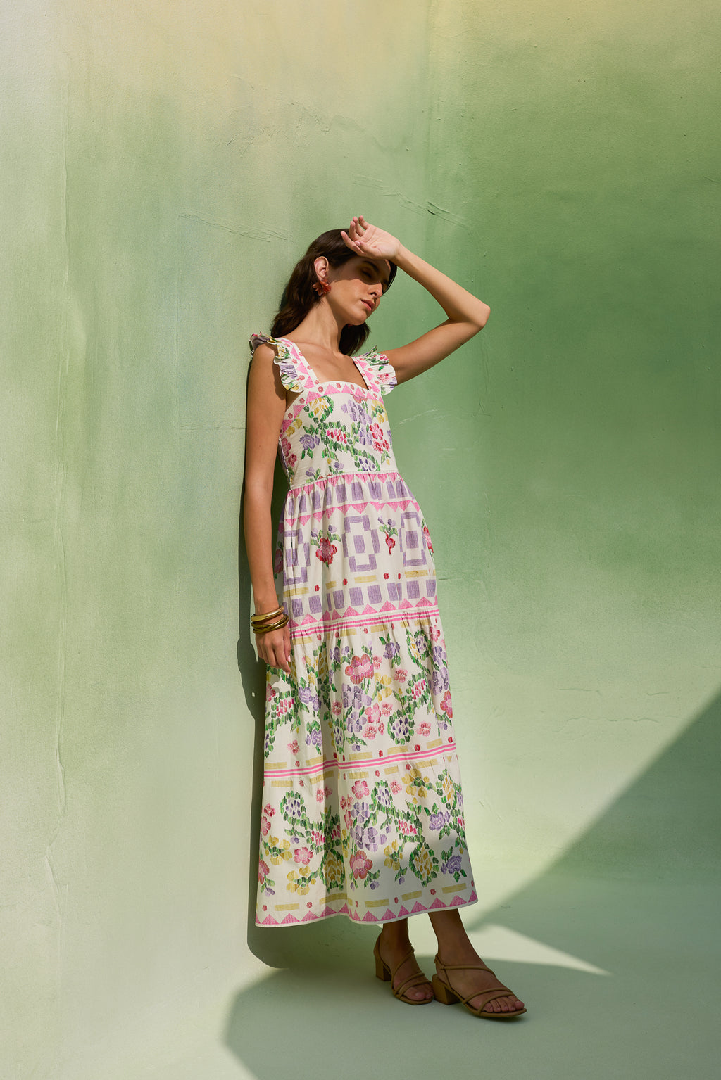 Ivory Floral Ikat Tiered Maxi Dress