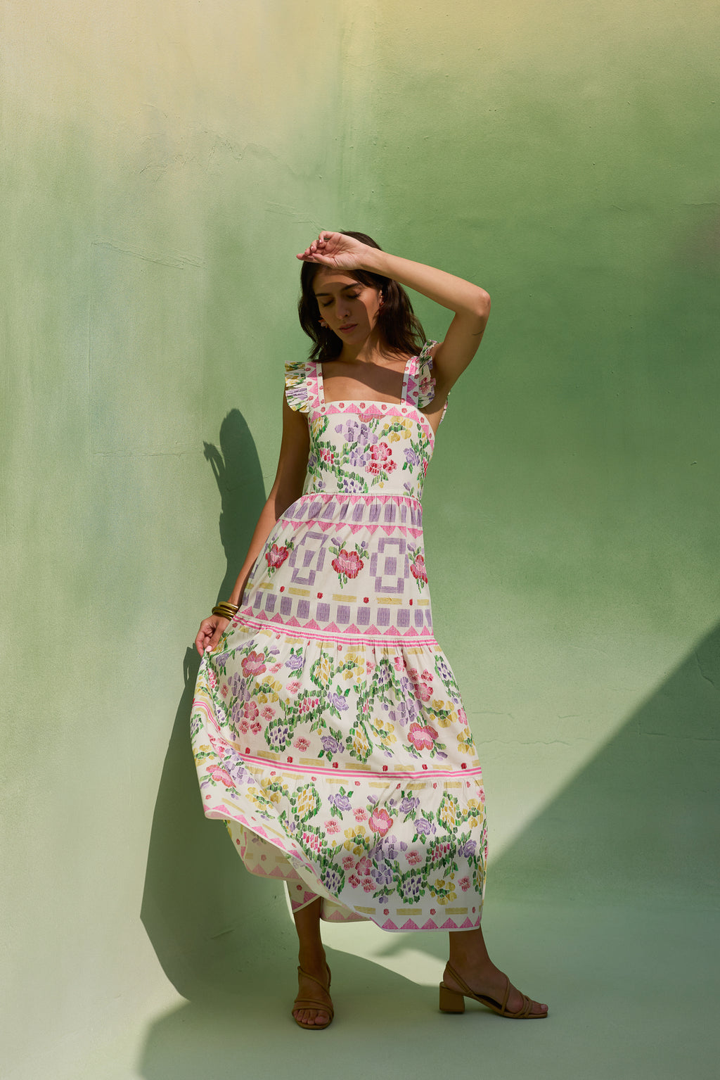 Ivory Floral Ikat Tiered Maxi Dress