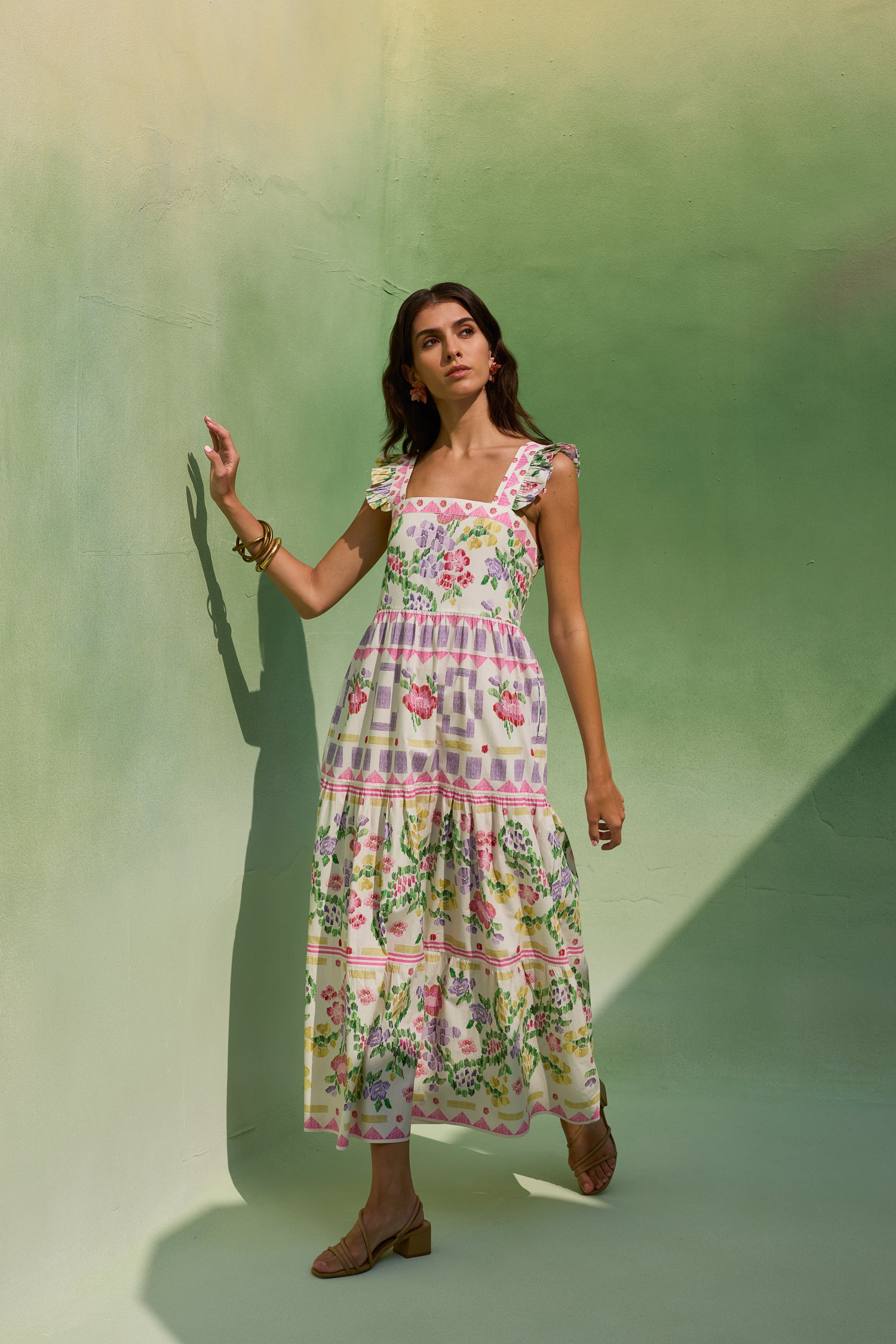 Ivory Floral Ikat Tiered Maxi Dress