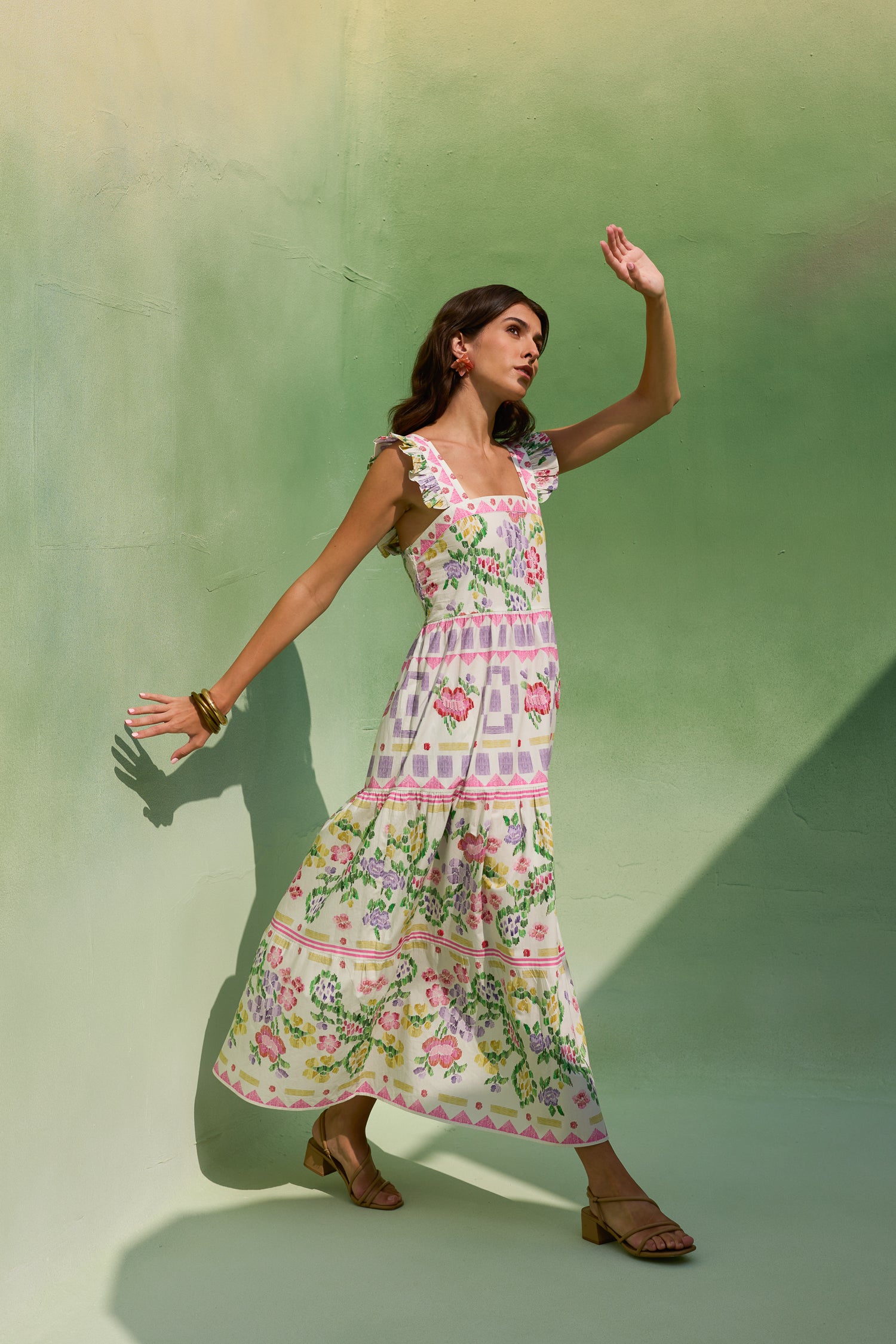Ivory Floral Ikat Tiered Maxi Dress
