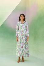 Ivory Floral Ikat Collared Shirt Dress