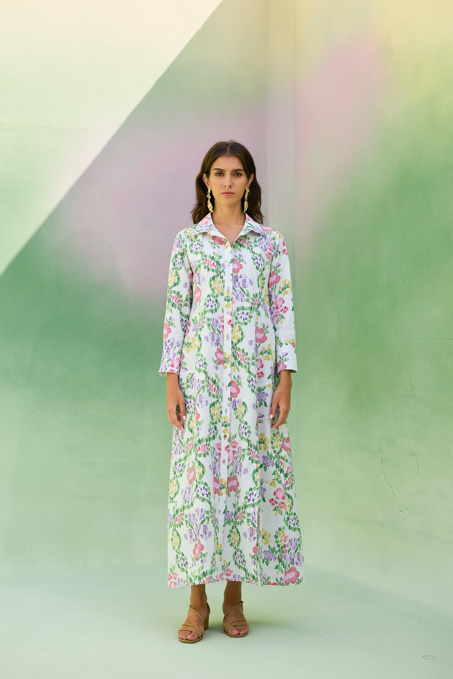 Ivory Floral Ikat Collared Shirt Dress