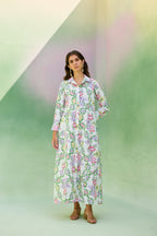 Ivory Floral Ikat Collared Shirt Dress