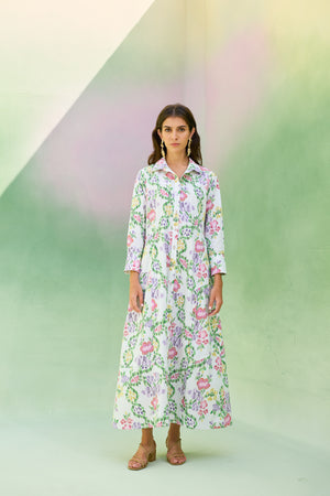 Ivory Floral Ikat Collared Shirt Dress