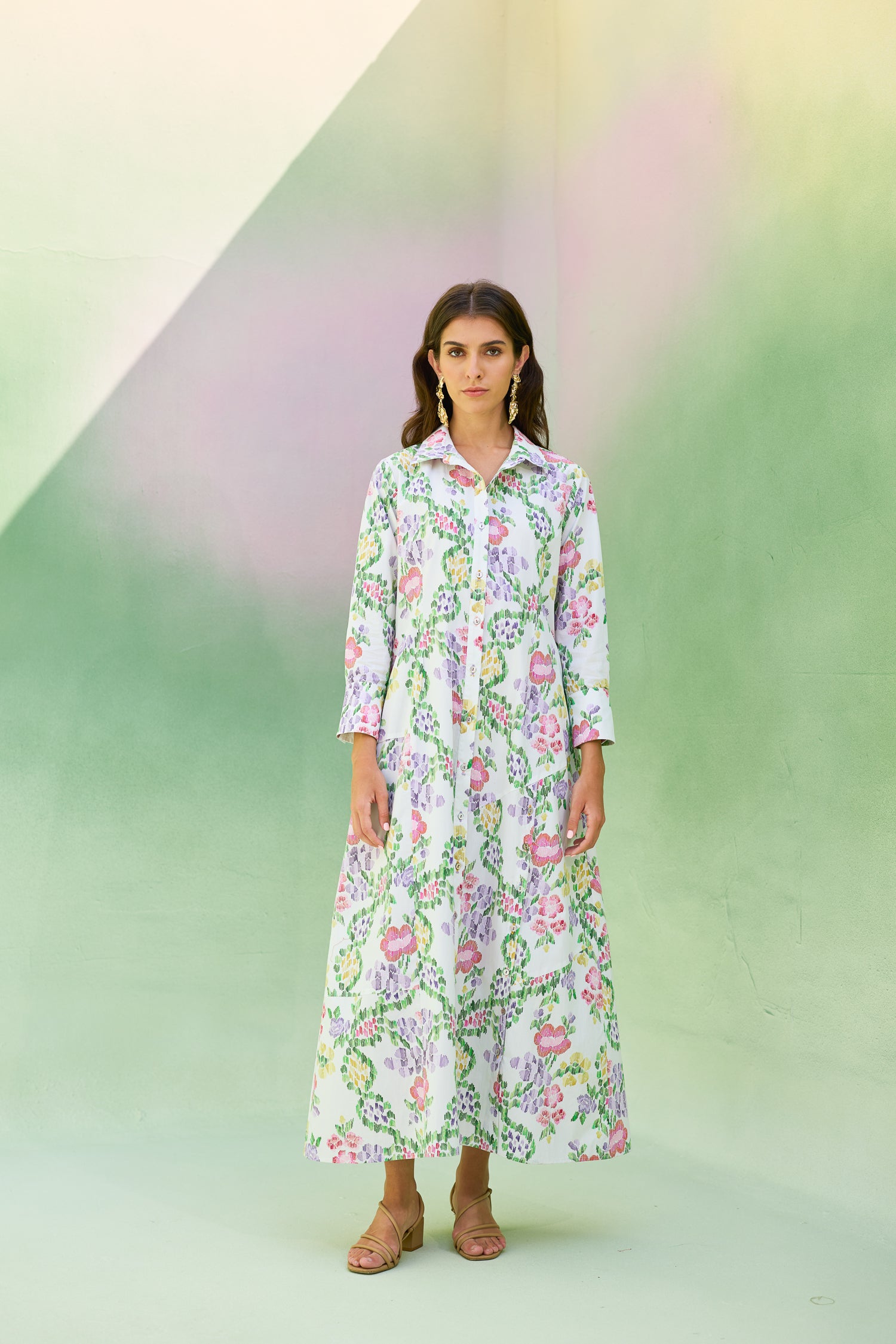 Ivory Floral Ikat Collared Shirt Dress