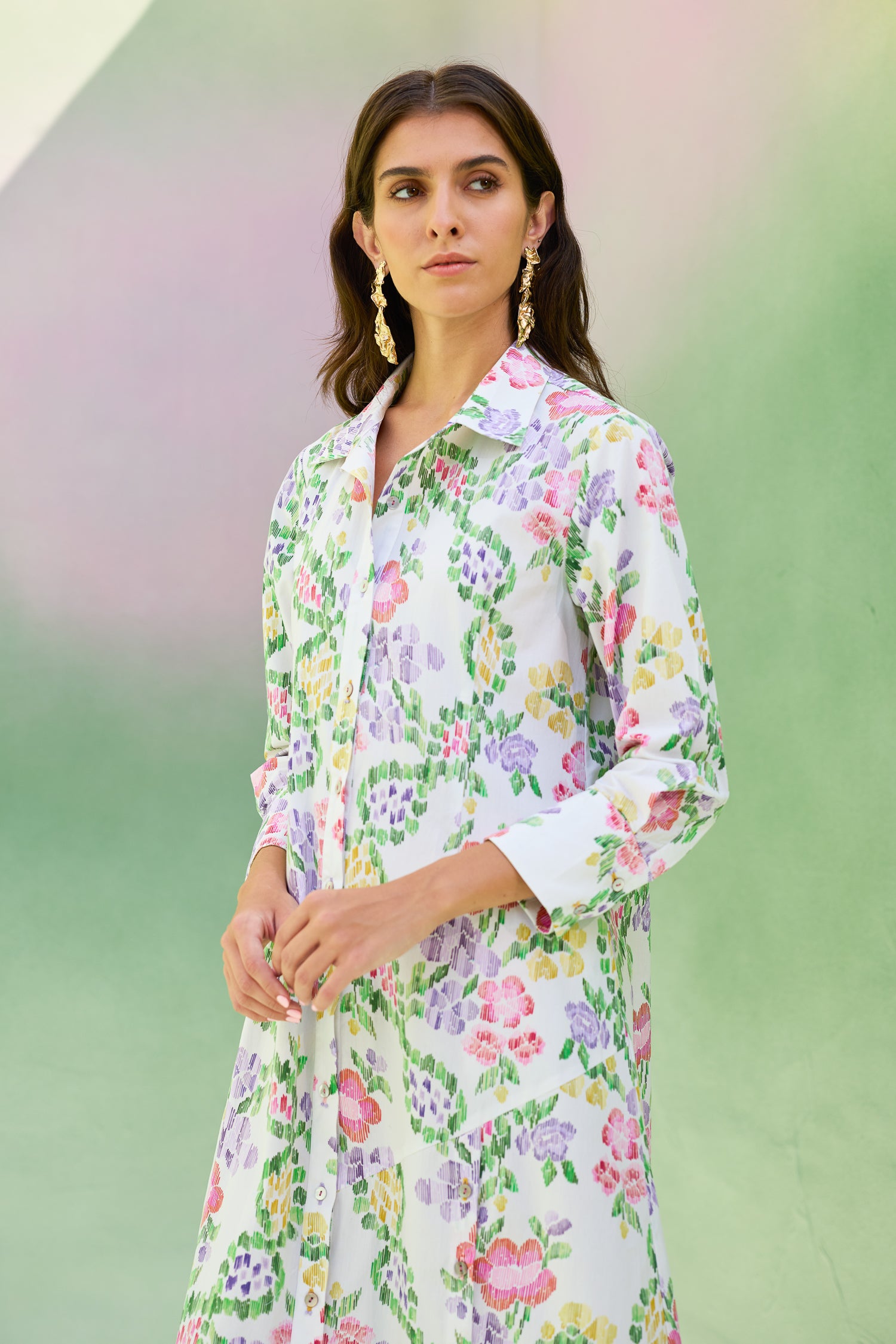 Ivory Floral Ikat Collared Shirt Dress