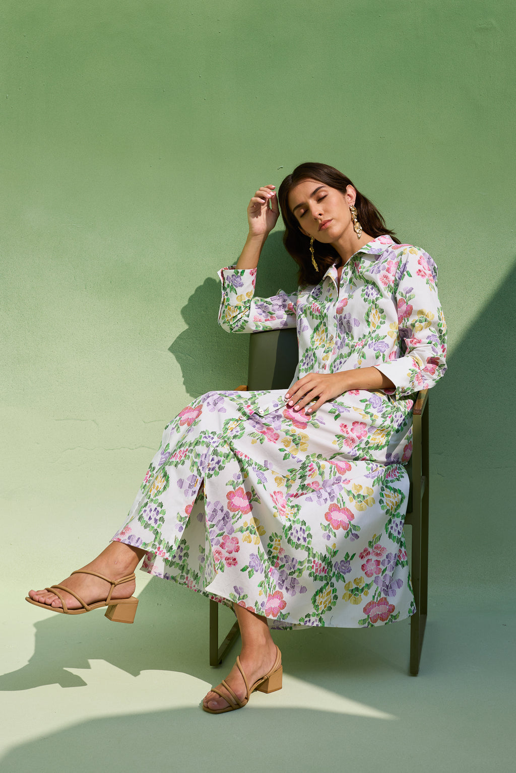 Ivory Floral Ikat Collared Shirt Dress