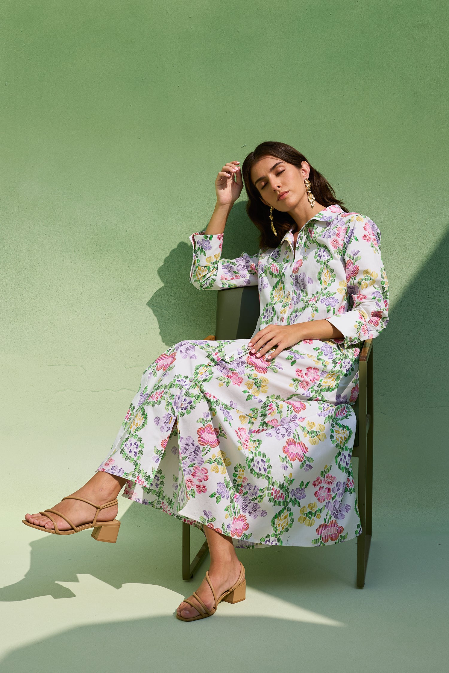 Ivory Floral Ikat Collared Shirt Dress