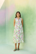 Ivory Floral Ikat Sleeveless Midi Dress