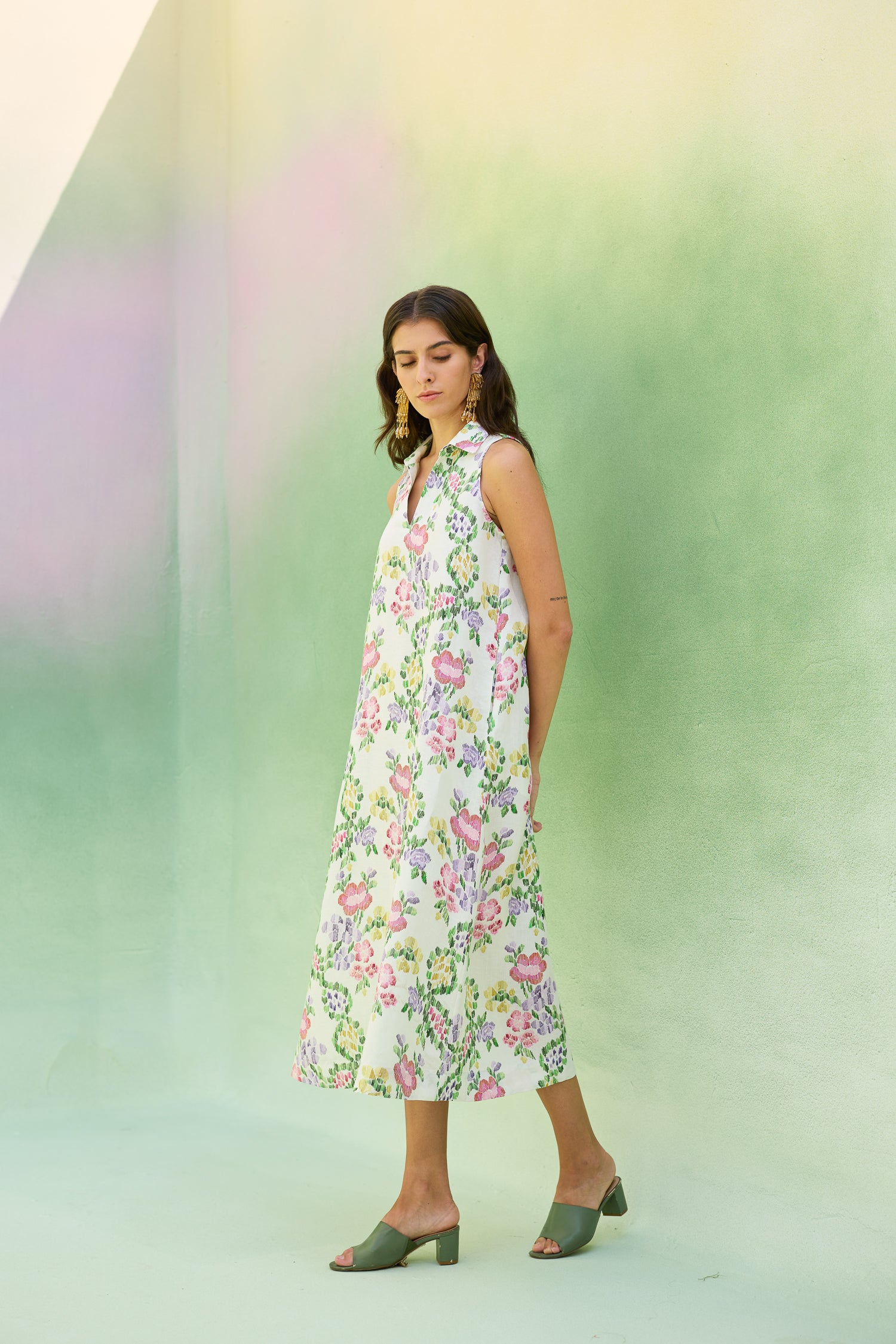 Ivory Floral Ikat Sleeveless Midi Dress