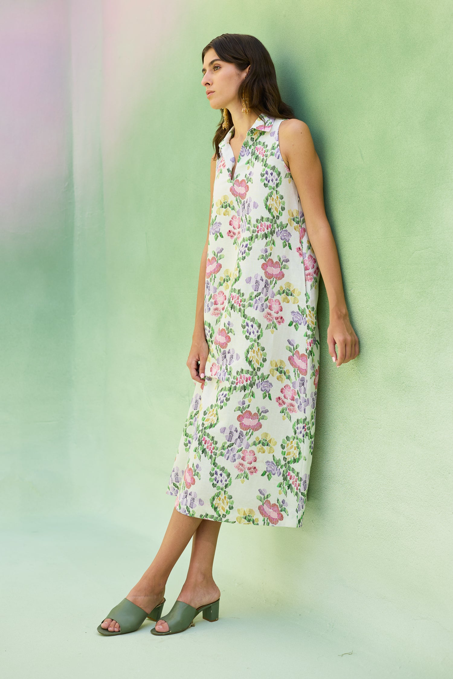 Ivory Floral Ikat Sleeveless Midi Dress