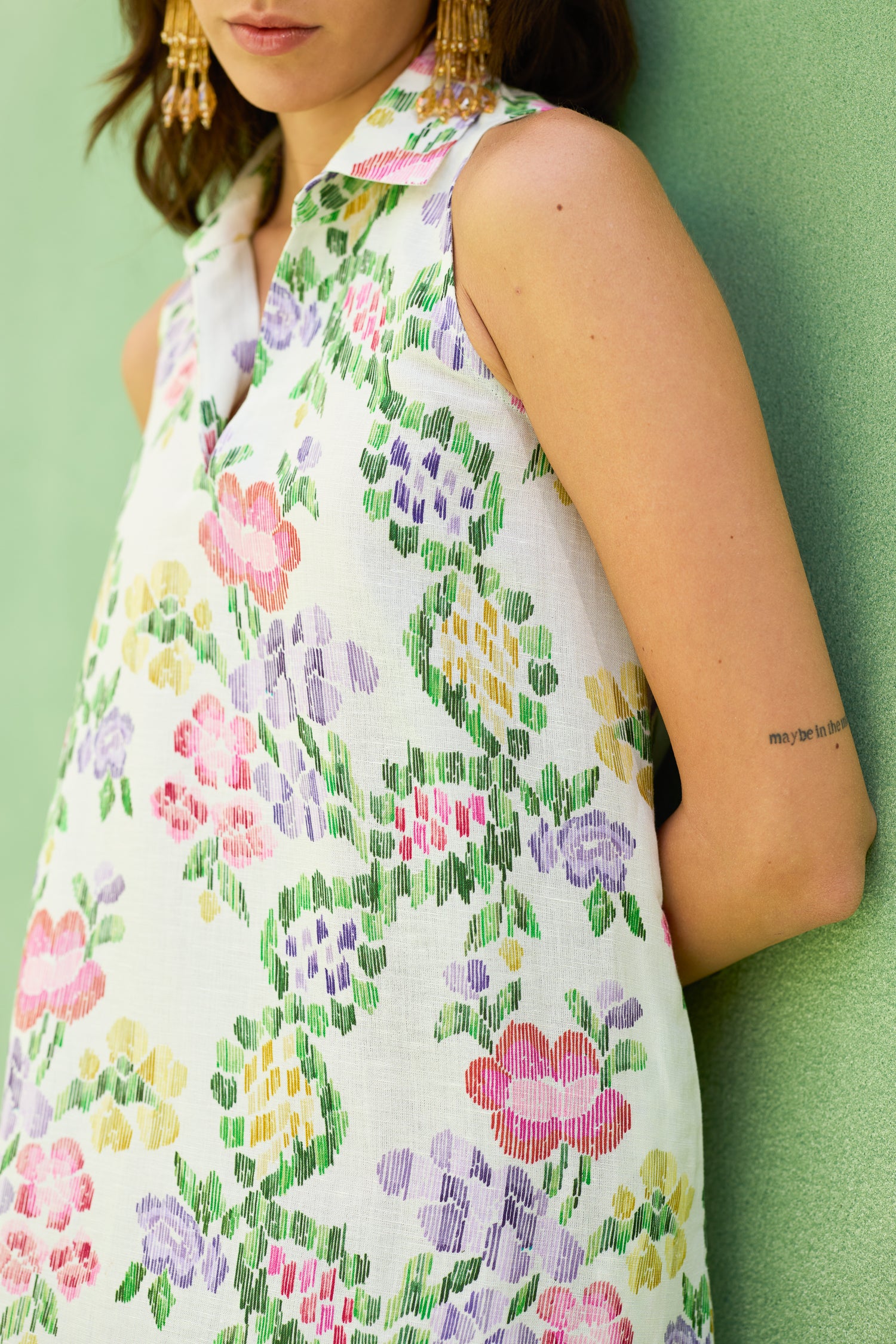 Ivory Floral Ikat Sleeveless Midi Dress