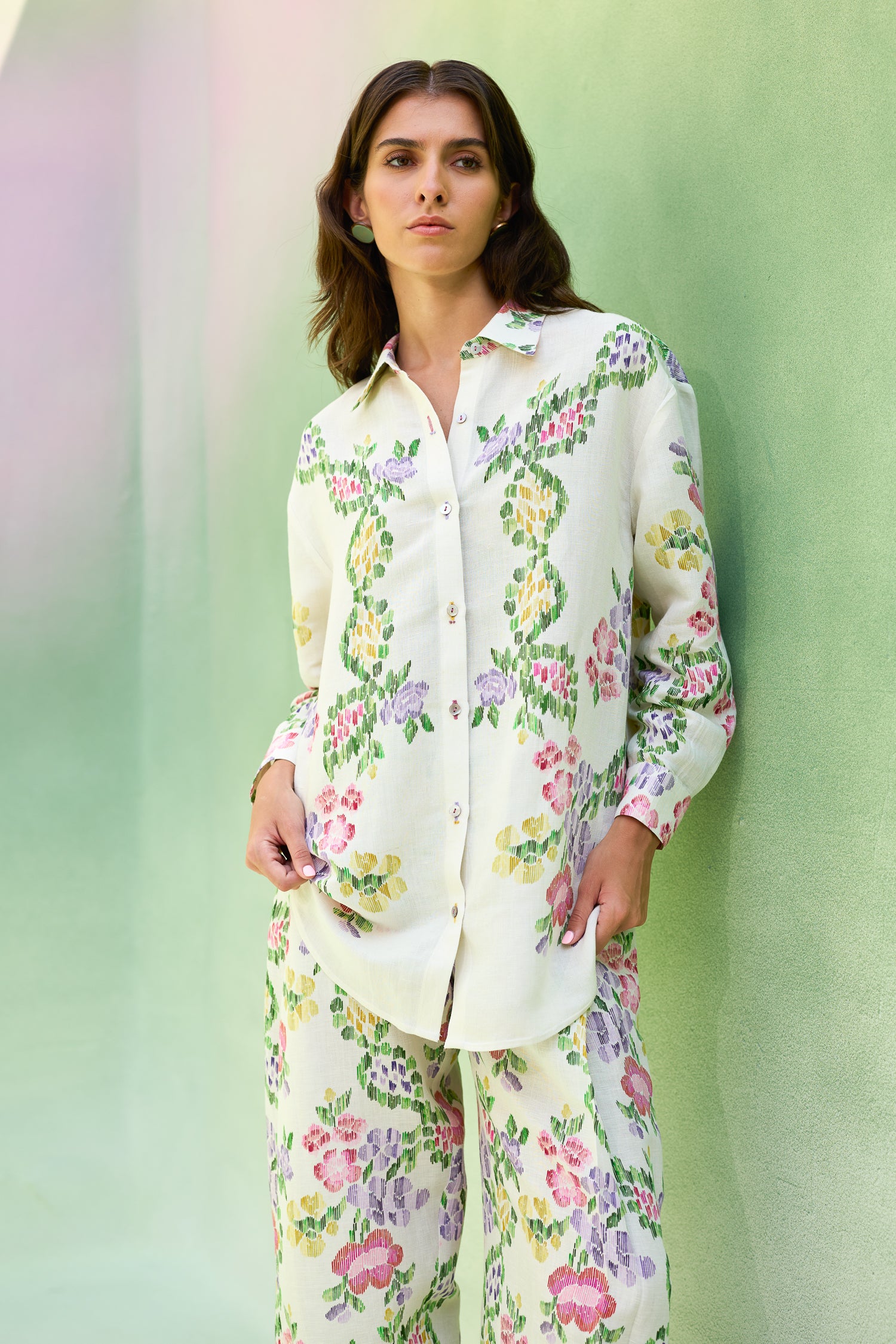 Ivory Floral Ikat Shirt