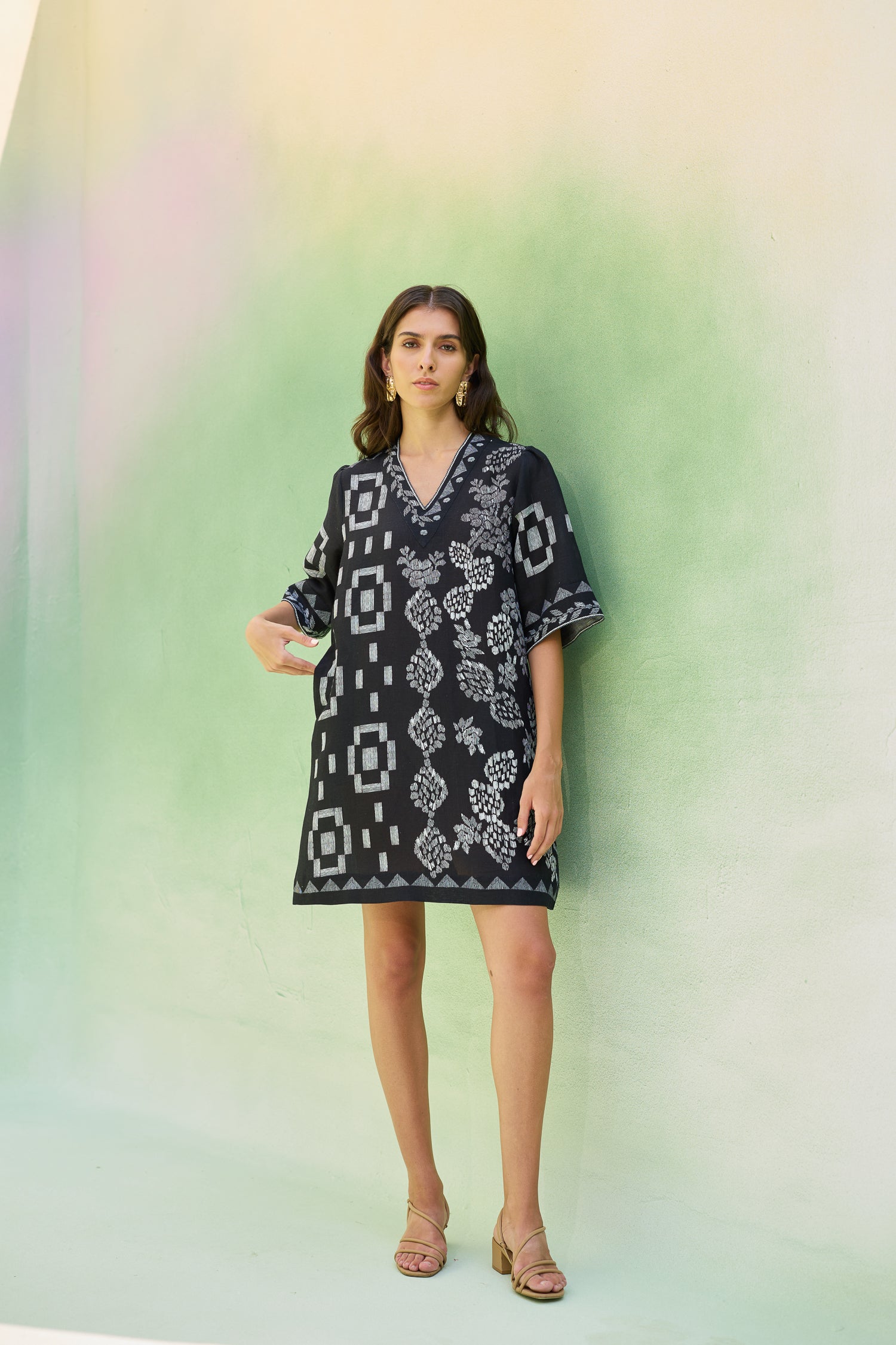 Black Floral Ikat Mini Shift Dress