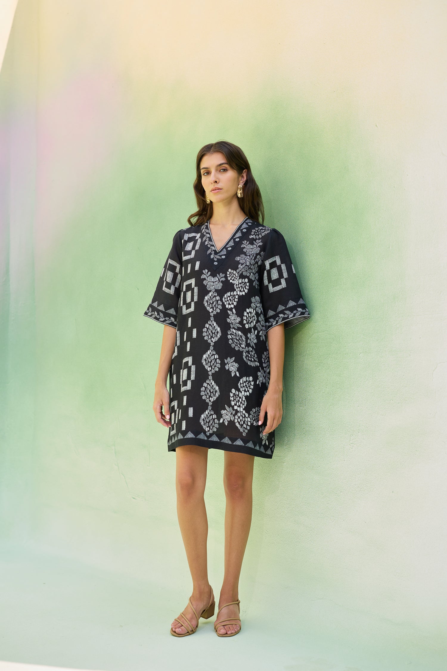 Black Floral Ikat Mini Shift Dress