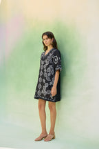 Black Floral Ikat Mini Shift Dress
