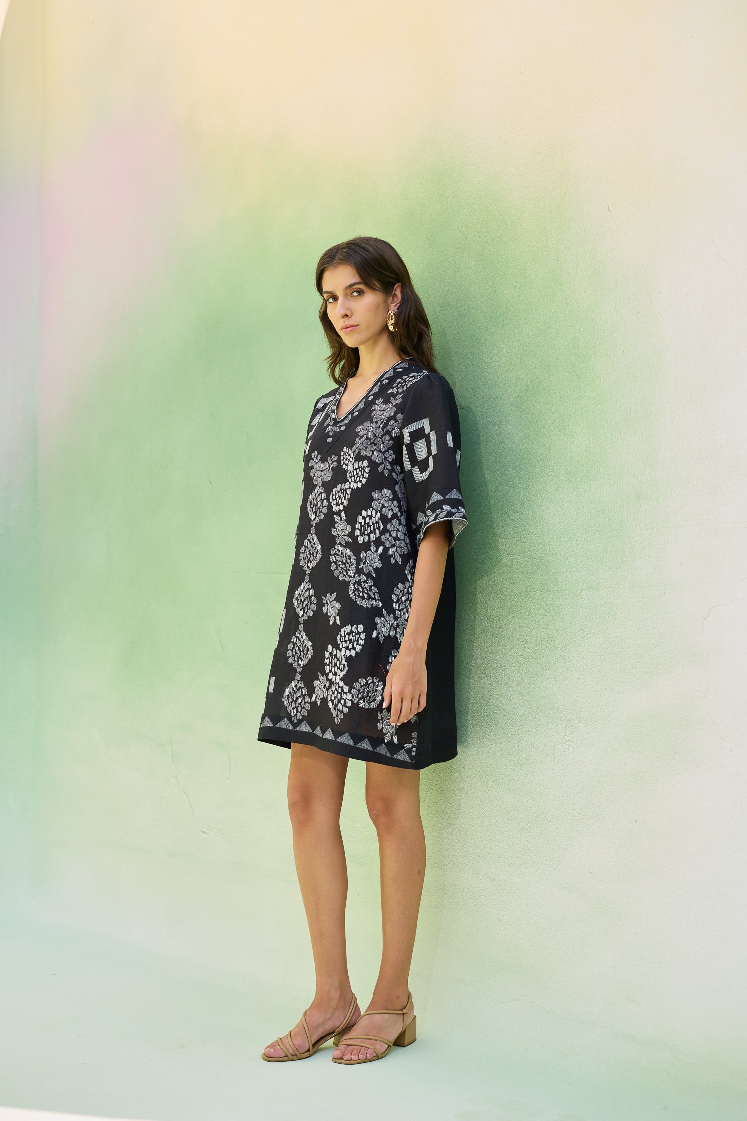 Black Floral Ikat Mini Shift Dress