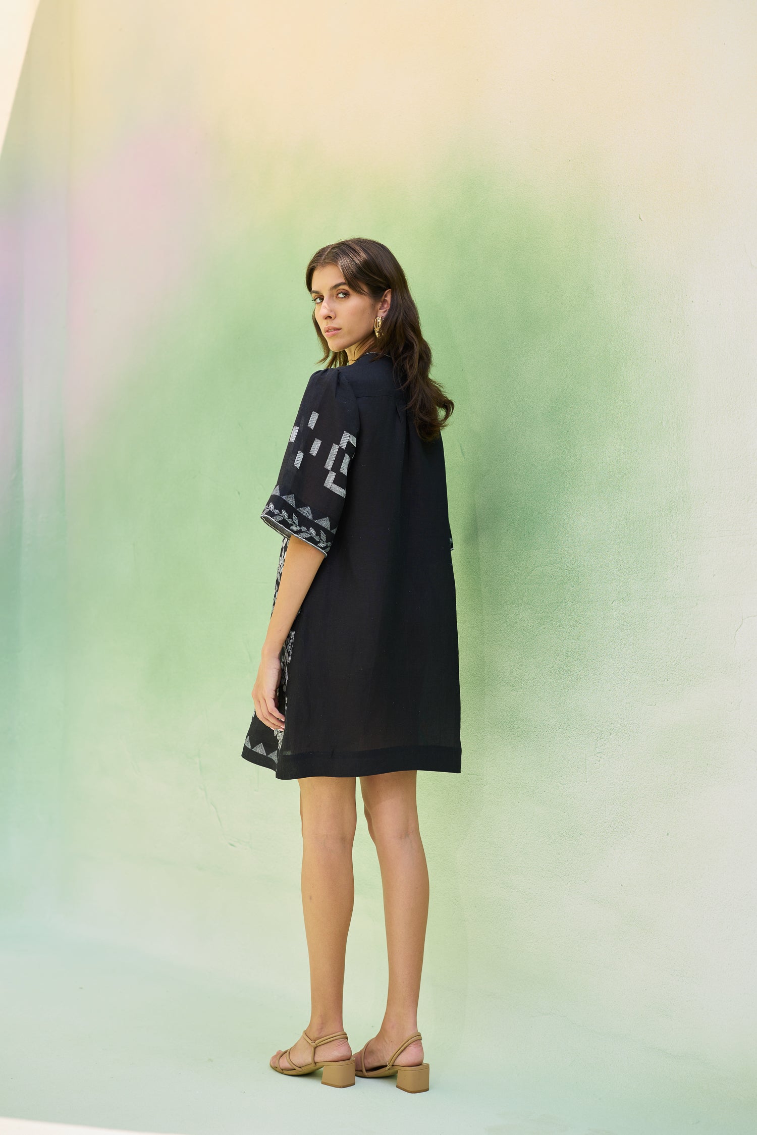 Black Floral Ikat Mini Shift Dress