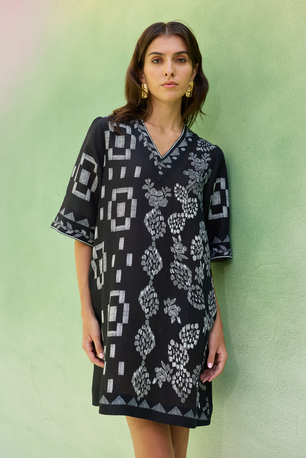 Black Floral Ikat Mini Shift Dress