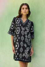 Black Floral Ikat Mini Shift Dress