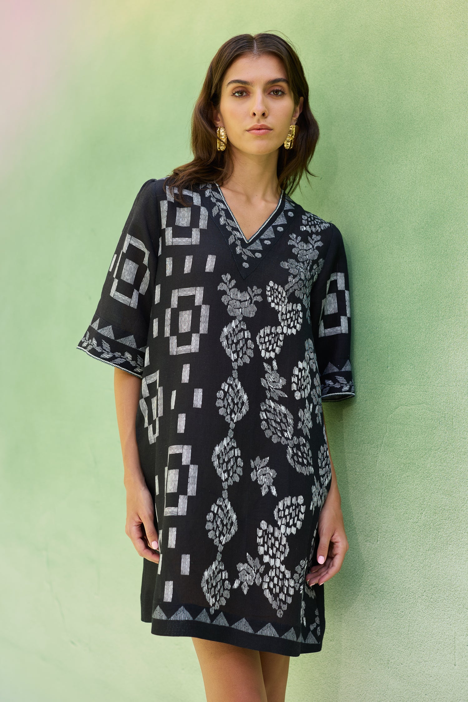 Black Floral Ikat Mini Shift Dress