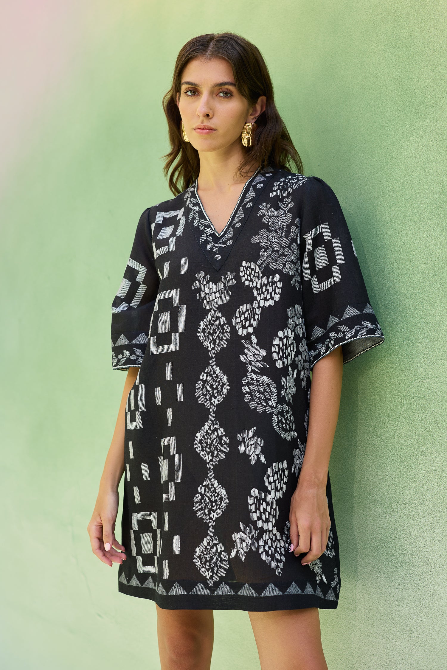 Black Floral Ikat Mini Shift Dress
