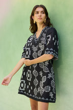 Black Floral Ikat Mini Shift Dress