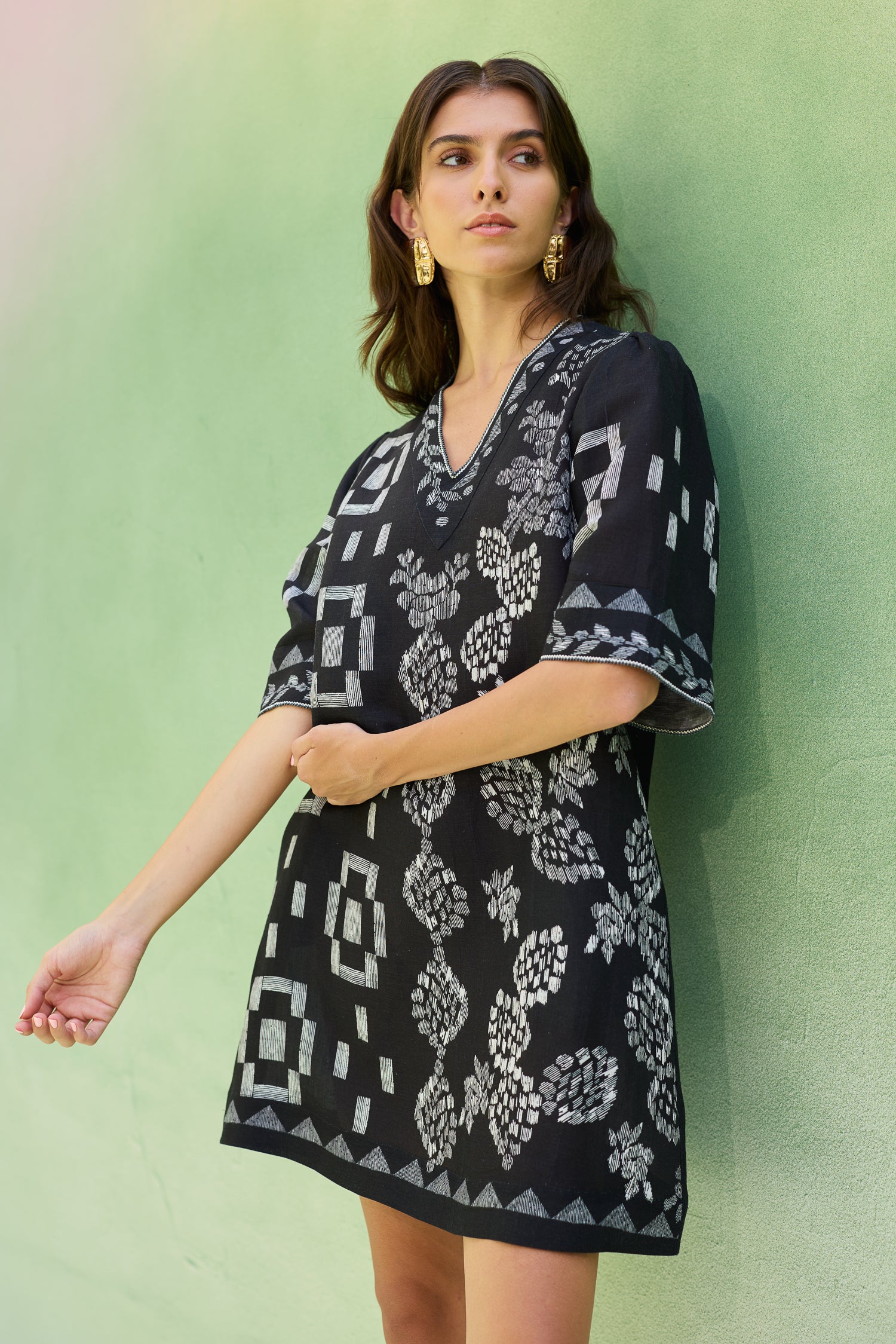 Black Floral Ikat Mini Shift Dress