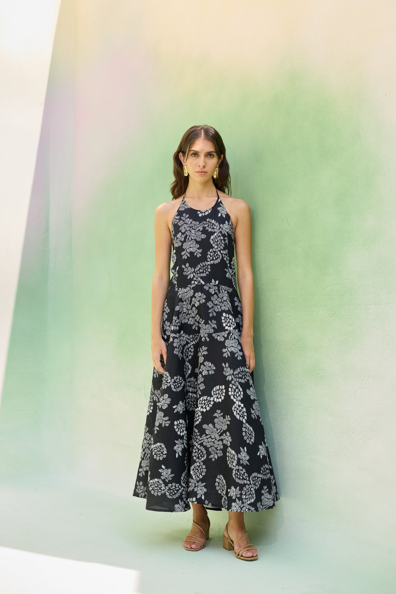 Black Floral Ikat Halter Neck Maxi Dress