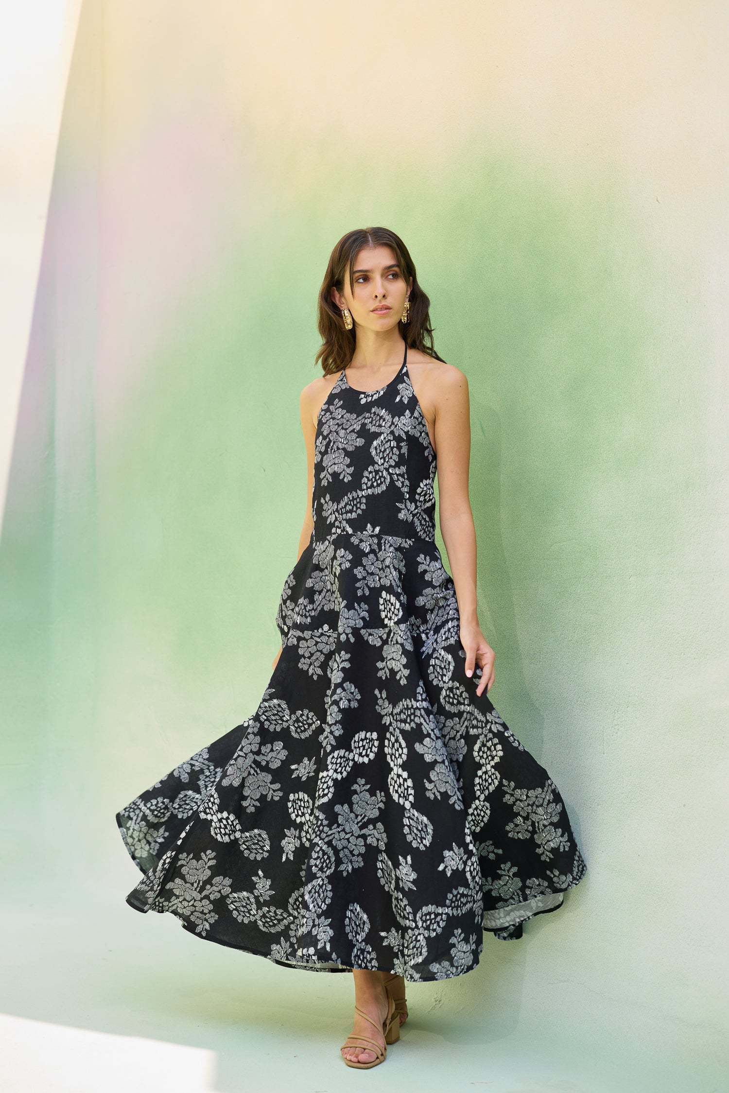 Black Floral Ikat Halter Neck Maxi Dress