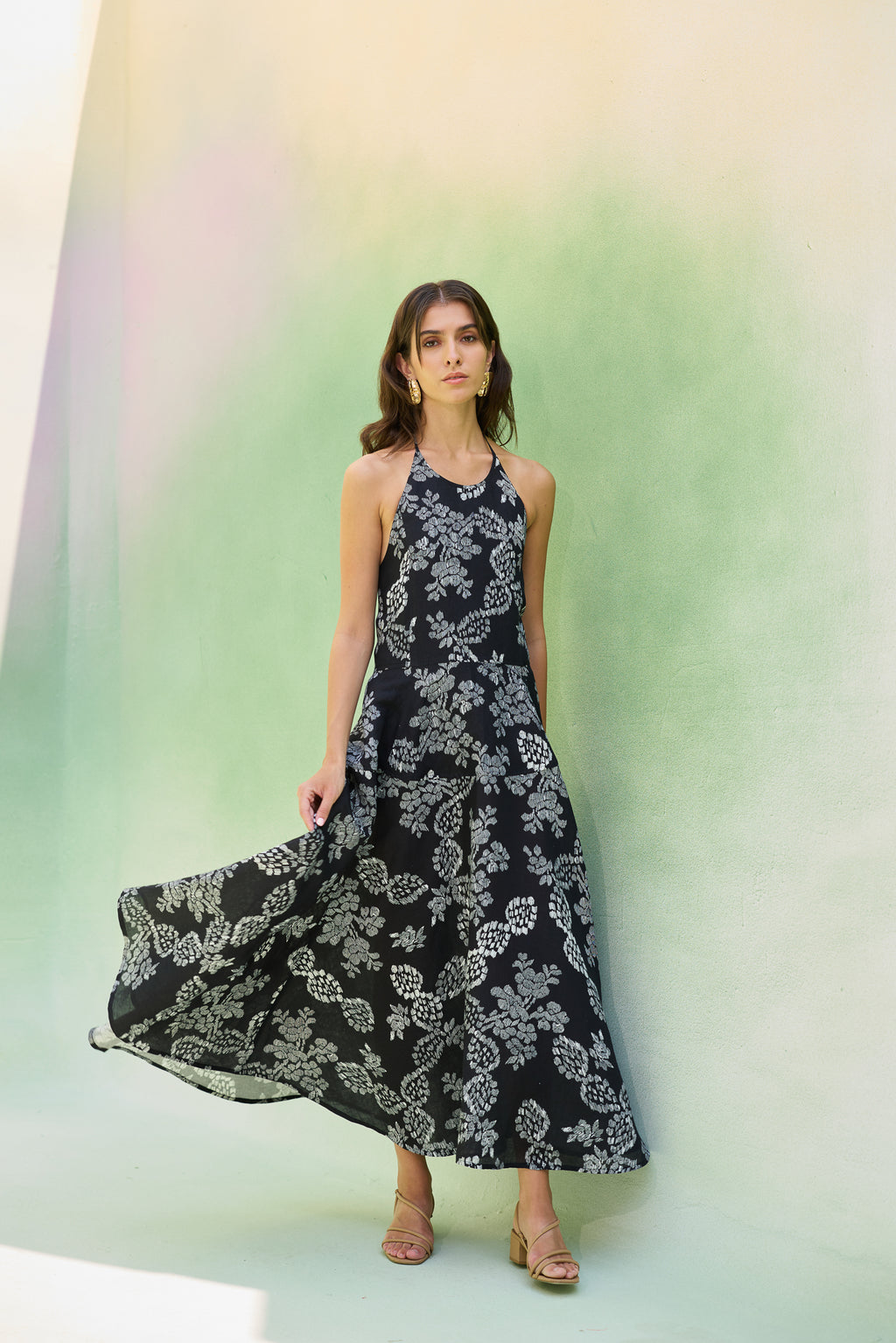 Black Floral Ikat Halter Neck Maxi Dress