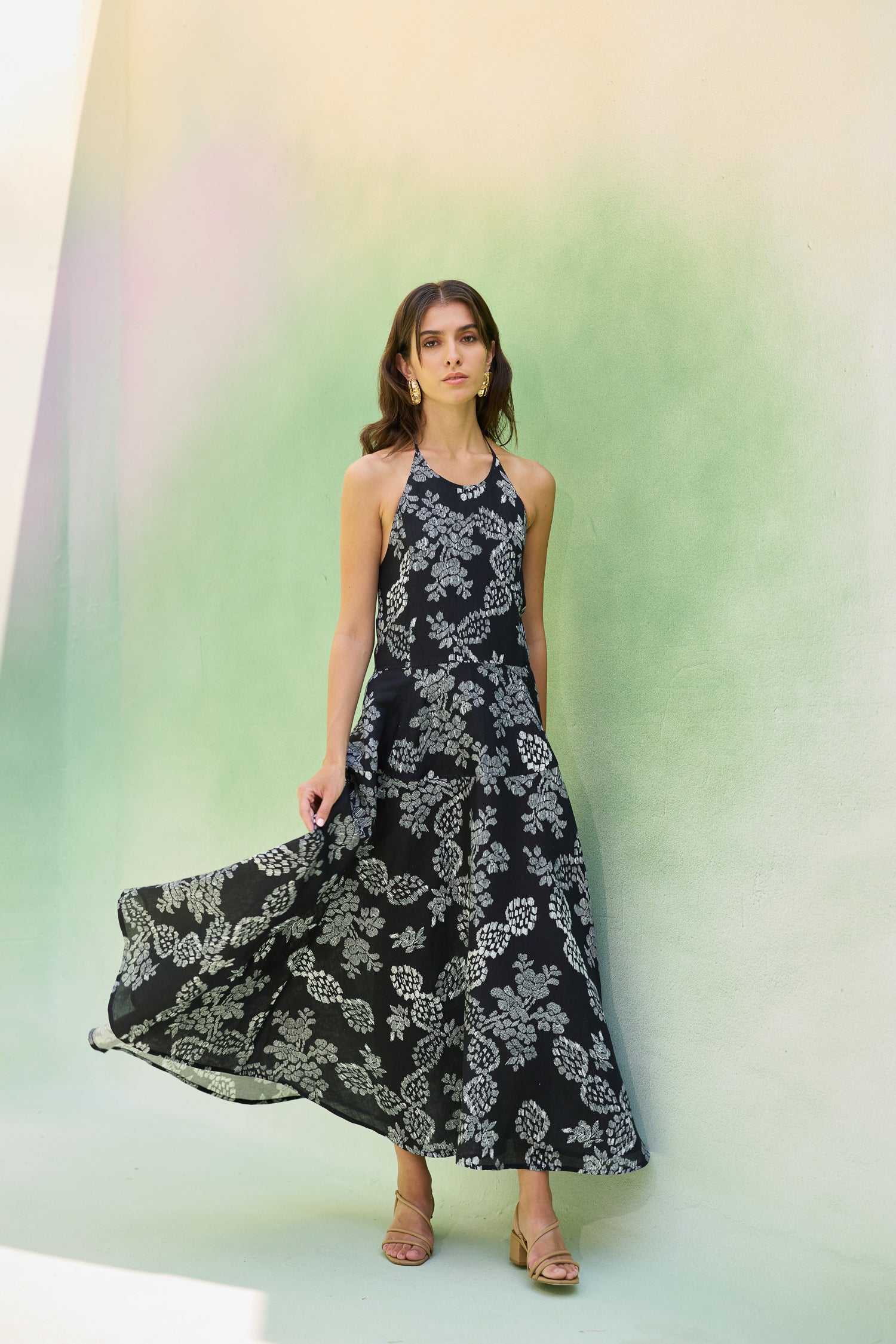 Black Floral Ikat Halter Neck Maxi Dress