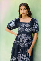 Black Floral Ikat Smocked Maxi Dress