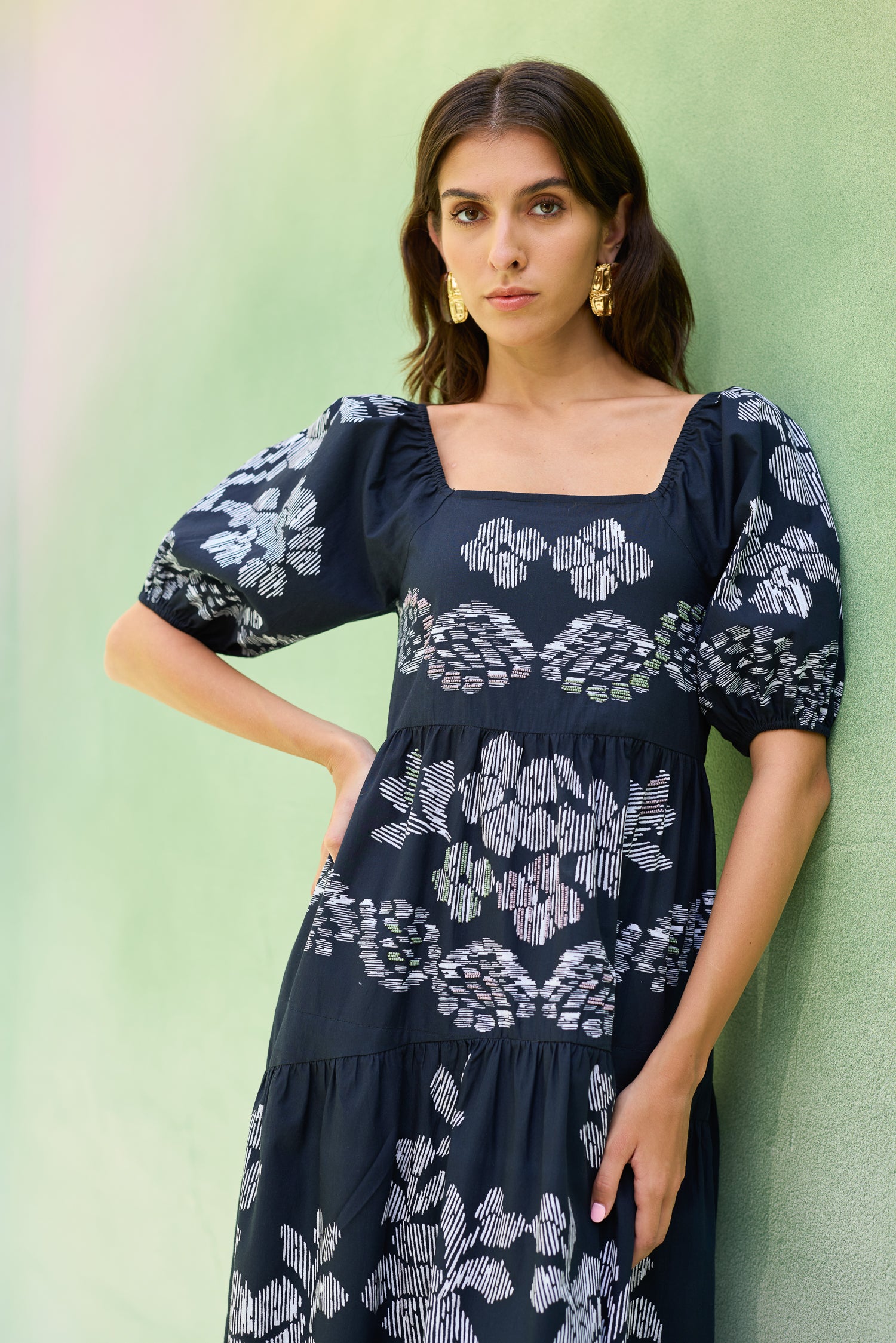 Black Floral Ikat Smocked Maxi Dress