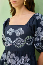 Black Floral Ikat Smocked Maxi Dress