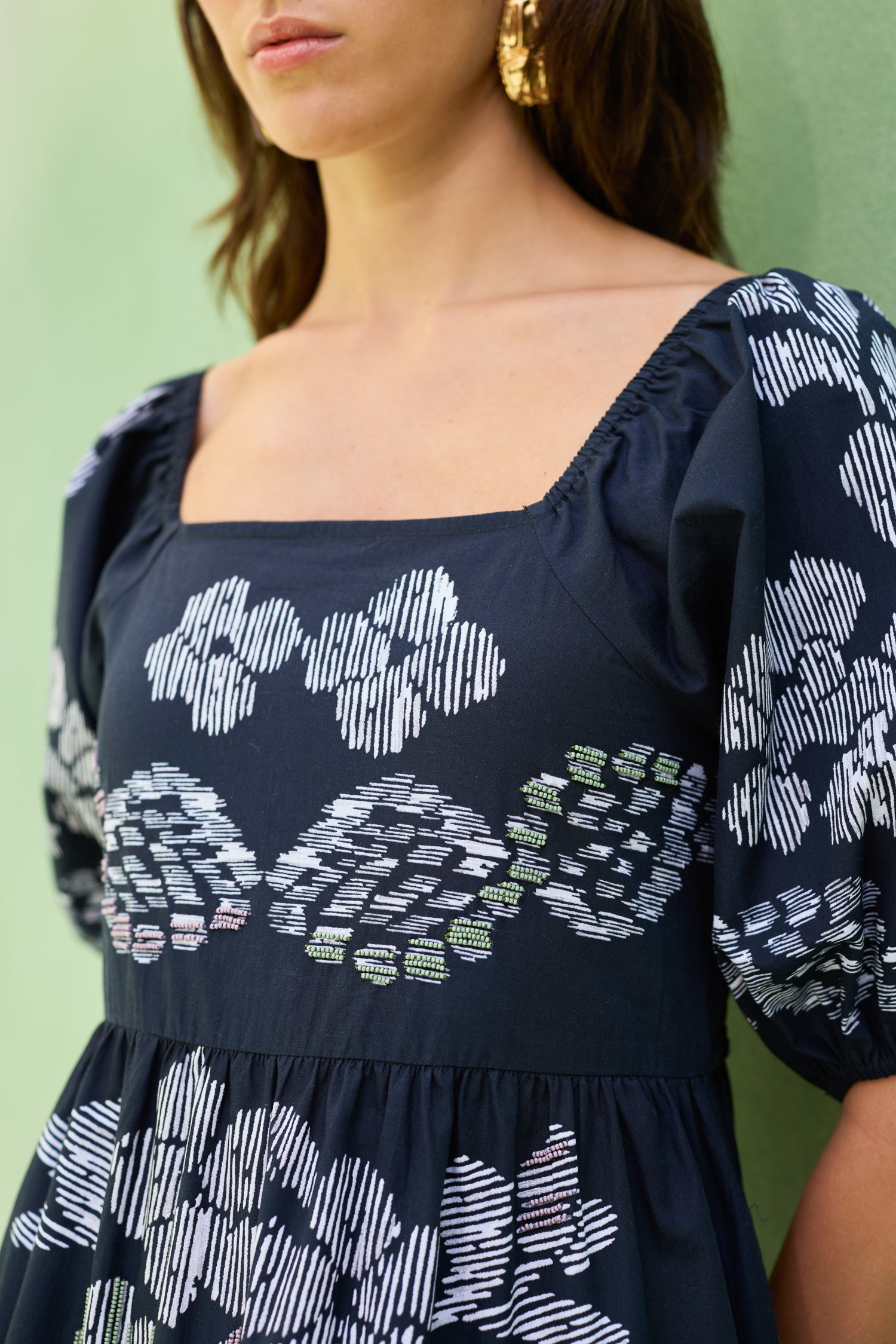 Black Floral Ikat Smocked Maxi Dress