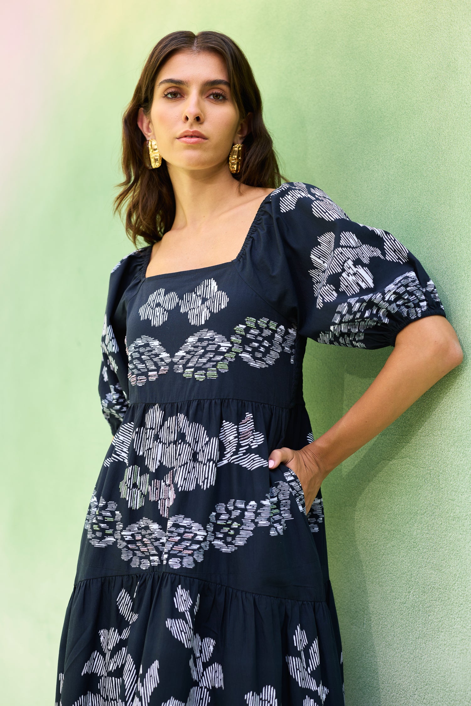 Black Floral Ikat Smocked Maxi Dress