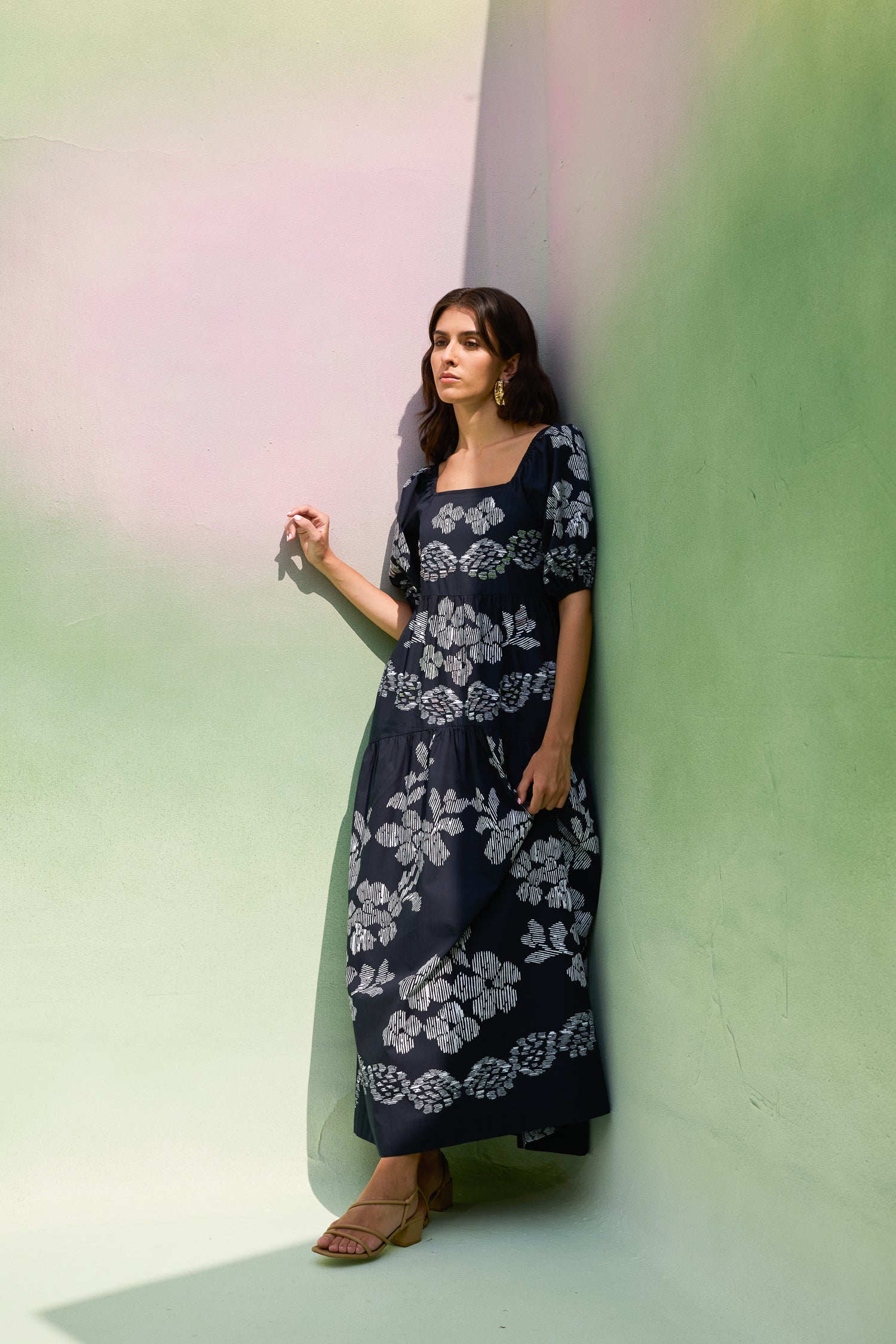 Black Floral Ikat Smocked Maxi Dress