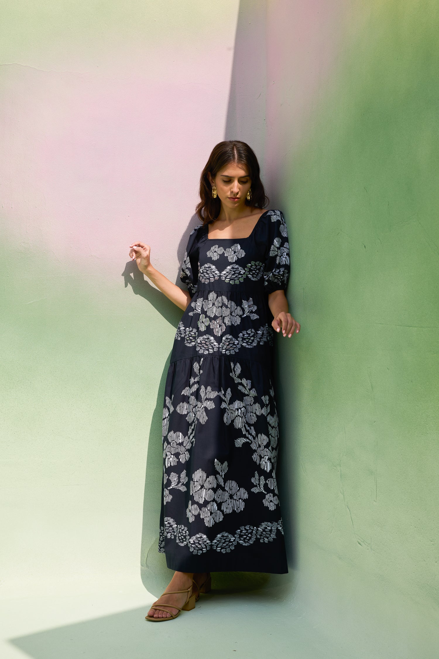 Black Floral Ikat Smocked Maxi Dress