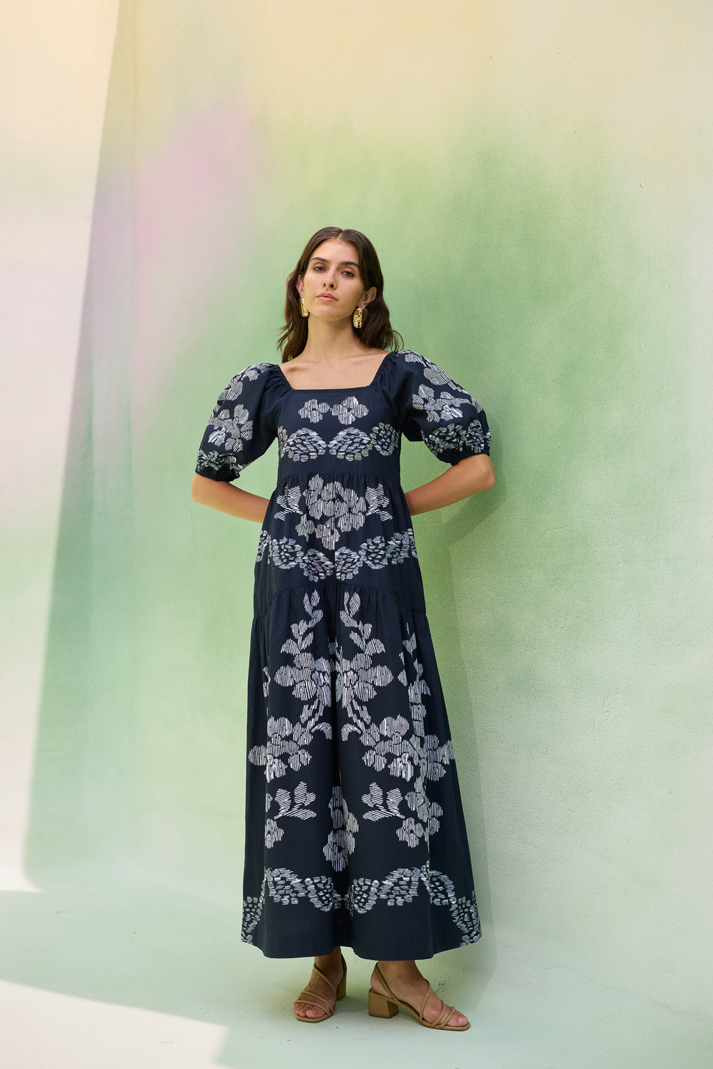 Black Floral Ikat Smocked Maxi Dress