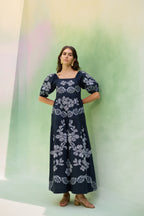 Black Floral Ikat Smocked Maxi Dress