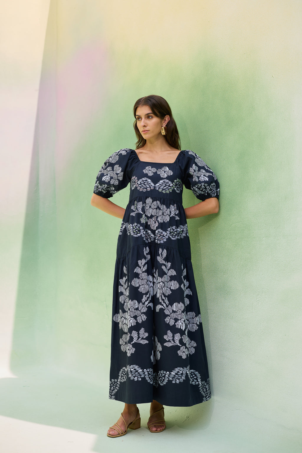 Black Floral Ikat Smocked Maxi Dress