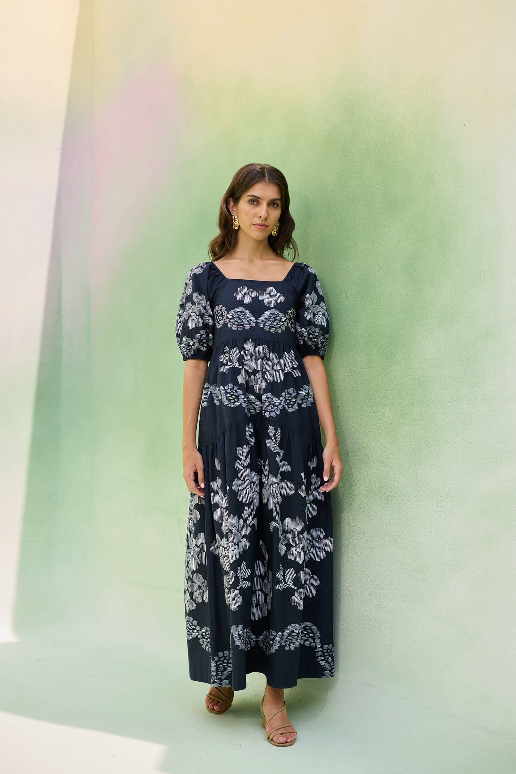 Black Floral Ikat Smocked Maxi Dress