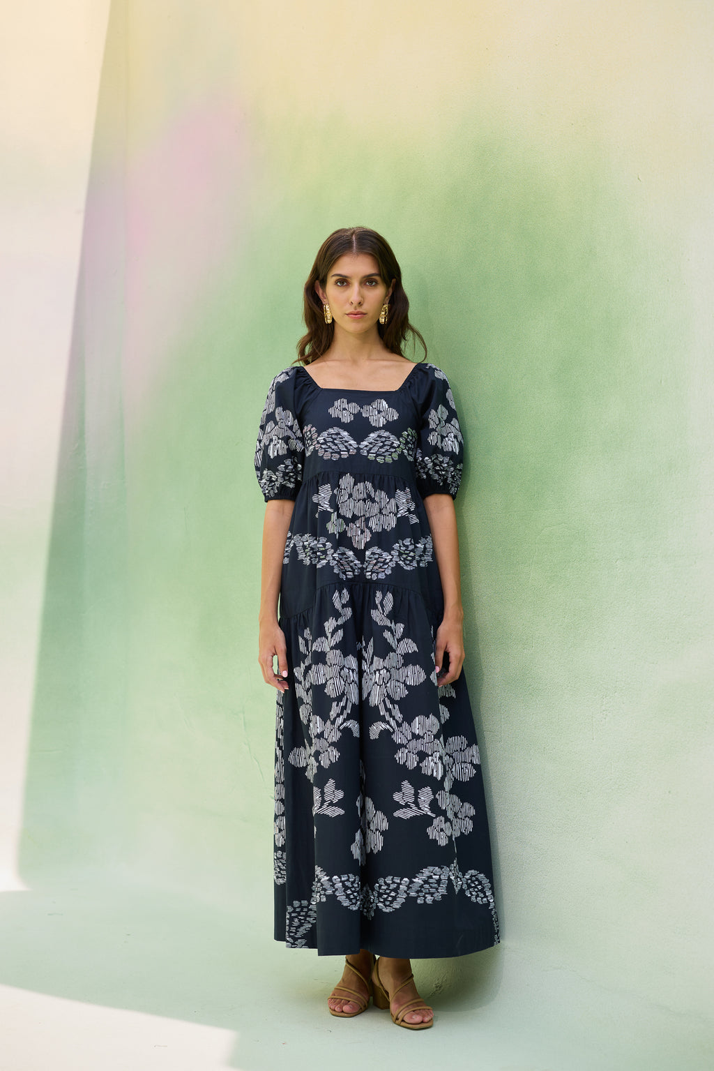 Black Floral Ikat Smocked Maxi Dress