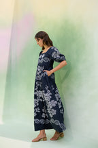 Black Floral Ikat Smocked Maxi Dress