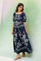 Black Floral Ikat Smocked Maxi Dress