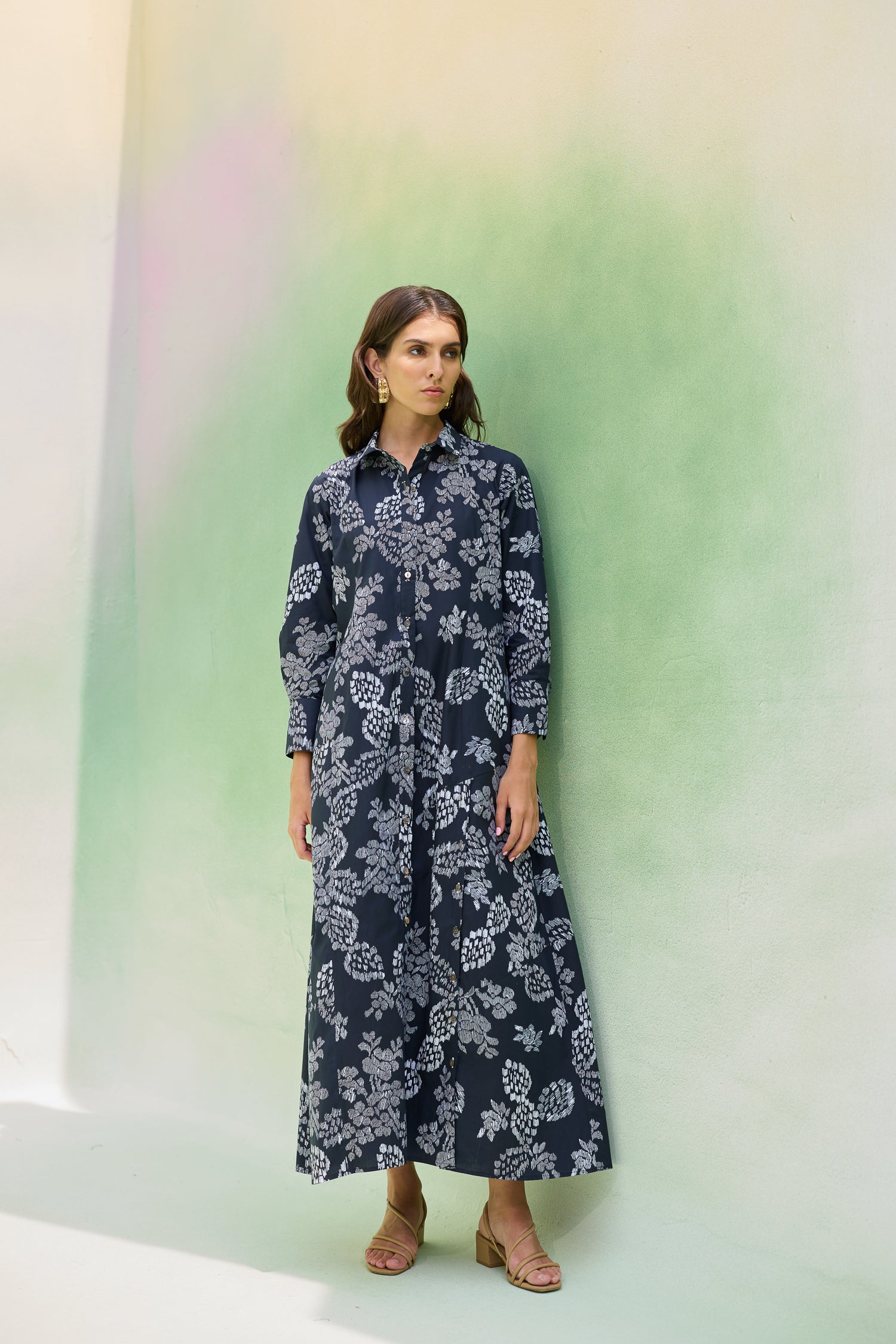 Black Floral Ikat Collared Shirt Dress