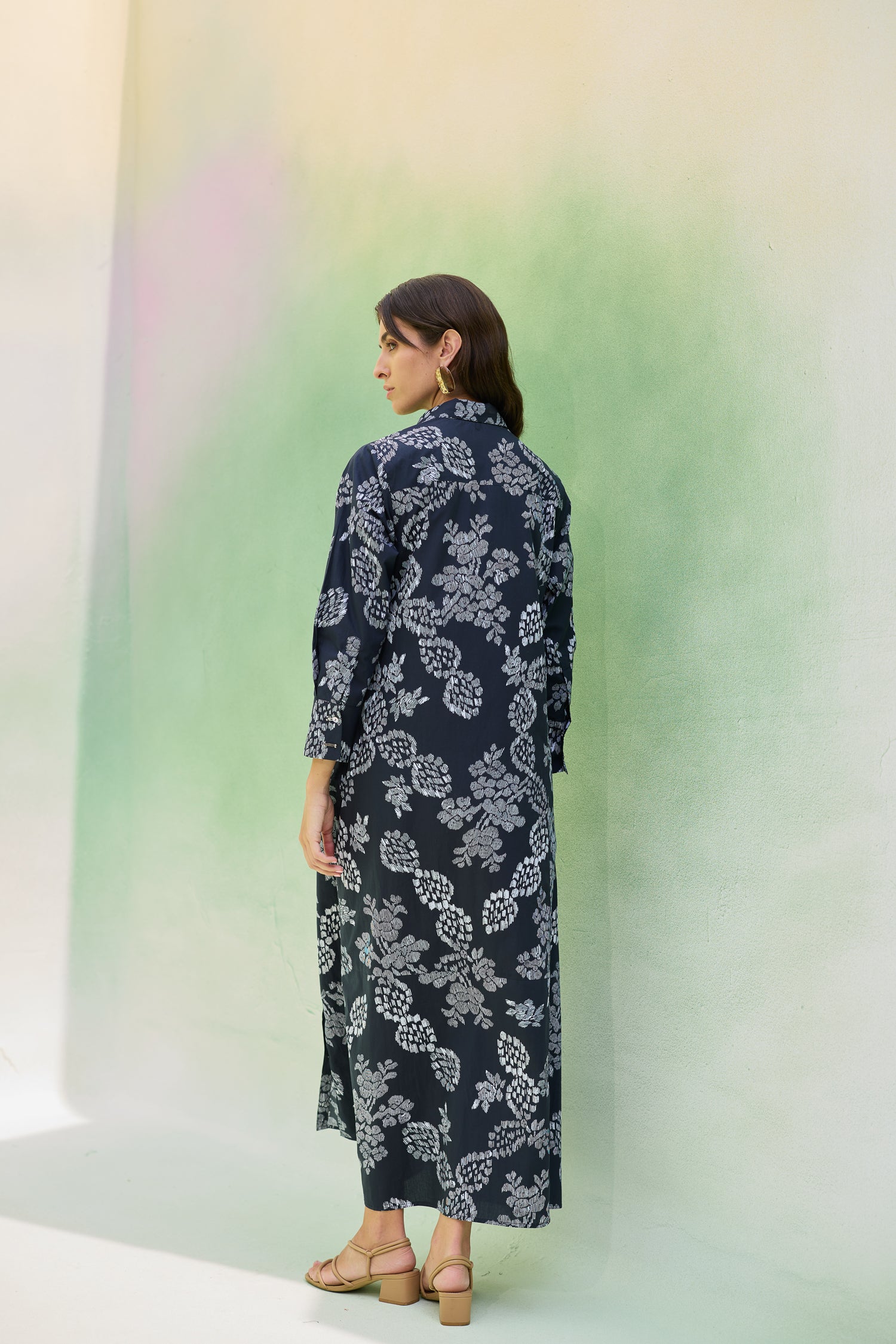 Black Floral Ikat Collared Shirt Dress