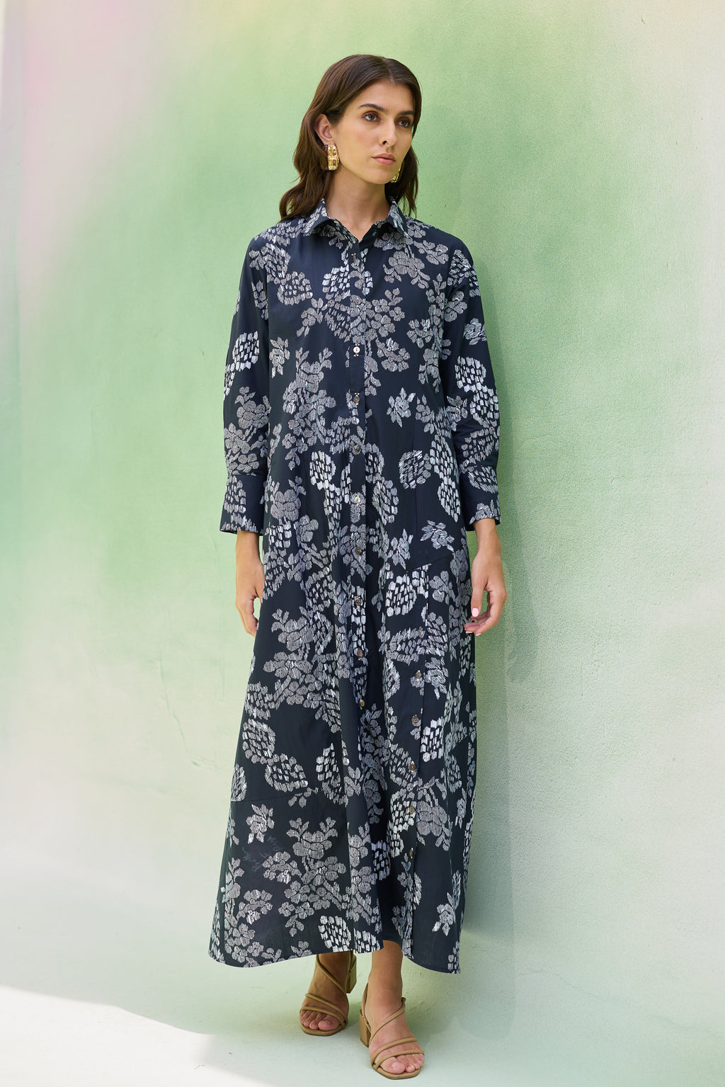 Black Floral Ikat Collared Shirt Dress