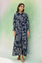 Black Floral Ikat Collared Shirt Dress